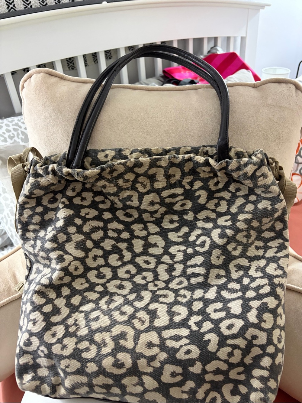 Furla Leopard-Print Canvas Tote with Black Handles